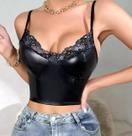 N-G0205-Blusa Top Cropped Corpete Corselet Renda Couro Preto 137z