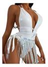 N-J0708-Bikini Biquíni Maiô Saída De Praia Brilho Paetê Branco 36m