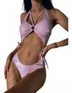 N-J0713-Bikini Biquíni Maiô Aberto Cavado Lançamento Luxo Rosa 3m