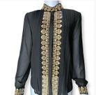 N0140-Blusa Casual Comfy Bordado Sopreposição Manga Longa Moderno Bordado Transparência Tule 5AG0503
