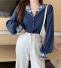 N0146-Camisa Blusa Social Feminina Elegante Gola Bordada Retrô