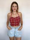 N1129-Blusa Top Cropped Xadrez Alça Abotoar Festa Junina 5j3002