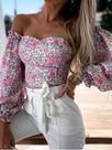 N1375 Blusa Top Cropped Ombro A Ombro Estampada Florida Luxo 478k