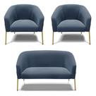 Namoradeira e 2 Poltronas Pé de Ferro Dourado Stella Suede Azul Marinho D03 - D'Rossi