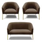 Namoradeira e 2 Poltronas Pé de Ferro Dourado Stella Suede Marrom D03 - D'Rossi