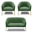Namoradeira e 2 Poltronas Pé de Ferro Dourado Stella Suede Verde D03 - D'Rossi