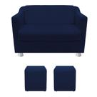 Namoradeira Sofá Tila e 2 Puff Sala Suede Azul Marinho