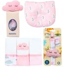 Naninha + Prendedor de chupeta + Fralda de Boca + Travesseiro Anatômico Nuvenzinha Rosa
