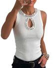Ninimour Regata Feminina Sem Mangas com Recorte e Strass
