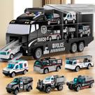 NIPLOOOW Brinquedos para Meninos Pequenos de 3 a 8+ Anos, Conjunto de Caminhões de Polícia com Tapete de Brincar e Carro de Metal Fundido, Caminhão Transportador para Crianças, Presentes de Aniversário