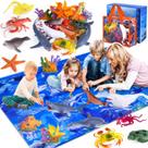 Ocean Animals Toys GINMIC Kids com tapete de brincar grande, pacote com 18