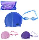 Oculos de natacao com touca de silicone dm splash colors no estojo