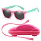 Óculos de Sol Flexível Infantil + Case Carrinho + Cordão Silicone Rosa e Verde Água