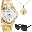 Oculos Sol Protecao UV + Colar + Relogio Feminino Aço Inox casual presente + relógio bracelete qualidade premium social