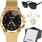 Oculos sol + relogio aço feminino + brinco colar original banhado dourado casual proteção uv strass qualidade premium