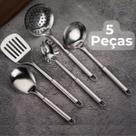 Oferta! 5 Utensílios Inox para Cozinha Kit Essenciais - Escumadeira, Colher, Concha, Espatula, Pegador de Massa