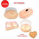 OFERTA KIT Mesa posta 4pçs Madeira Boleira, Queijeira, Manteigueira, P. Frios, Grátis Tabua Coração OFERTA KIT Mesa posta 4pçs Madeira Boleira, Queijeira, Manteigueira, P. Frios, Grátis Tabua Coração