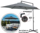 Ombrelone Lateral Giratorio 3 Metros BEL Veneza Cinza Guarda Sol Grande com Base de Apoio p/ Piscina, Varanda, Jardim