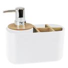 Organizador de Banheiro com Dispenser 280ml e Porta detergente Escova em Bambu Suporte para Escova e Pasta de Dente Branco