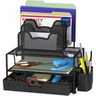 Organizador de mesa de malha simples para utensílios domésticos com gaveta e 5 seções