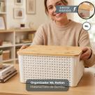Organizador Rattan 16L Off White Giotto Caixa Multiuso Tampa de Bambu