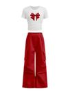 Outfit WDIRARA, 2 peças, blusa e calça curtas com estampa de laço Outfit WDIRARA, 2 peças, blusa e calça curtas com estampa de laço