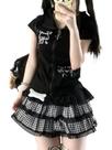 Outfit Xojbzoo Y2K Cat Ear com zíper e saia preta plissada