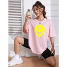 Oversized camiseta feminina ombro caído ocasional 100% algodão com gráfico de sorriso animado estampada
