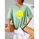 Oversized camiseta feminina ombro caído ocasional 100% algodão com gráfico de sorriso animado estampada