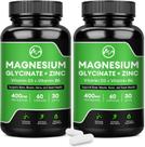 (Pacote com 2) Cápsulas de glicinato de magnésio de 400 mg com zinco, vitamina D3 e B6