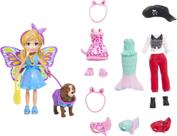 Pacote de fantasias Polly Pocket Doll com boneca de 3 polegadas, animal de estimação e 4 fantasias