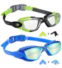 Pacote de óculos de natação EverSport Kids com 2 antiembaçantes, anti-UV, verde/preto e azul espelhado