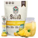 Pacotes de hidratação 2 em 1 Salud, além de eletrólitos imunológicos em pó, abacaxi mistura para bebidas com água fresca, sabugueiro, laticínios e soja, não transgênicos, sem glúten, vegano, de baixa caloria, 1 g de açúcar (15 porções)