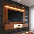 Painel com Rack Milano para TV até 70” com LED, Nicho Iluminado, Prateleira de Vidro e Portas Basculantes com Pistão a Gás