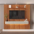 Painel com Rack para TV até 75 Polegadas 3 Gavetas 234cmx250cm Ripado com LED 100% MDF Apolo Painel com Rack para TV até 75 Polegadas 3 Gavetas 234cmx250cm Ripado com LED 100% MDF Apolo
