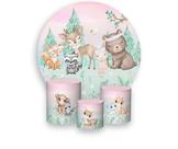 Painel De Festa 1,5x1,5 + Trio Capa Cilindro - Bosque Rosa Animais Cute Aquarela 038
