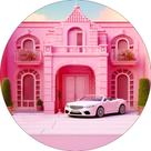 Painel De Festa Redondo 1,50x1,50 - Casa de Boneca Rosa Fashion com Carro Branco 011