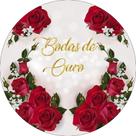 Painel De Festa Redondo 1,50x1,50 - Casamento Bodas de Ouro Rosas Vermelhas 006