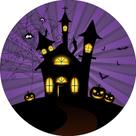Painel De Festa Redondo 1,50x1,50 - Halloween Roxo Listrado Castelo Assombrado 024