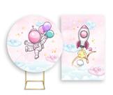 Painel De Festa Redondo 1,50x1,50 + Painel Vertical 1,50x2,20 - Astronauta Rosa 003 Painel De Festa Redondo 1,50x1,50 + Painel Vertical 1,50x2,20 - Astronauta Rosa 003