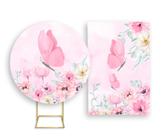 Painel De Festa Redondo 1,50x1,50 + Painel Vertical 1,50x2,20 - Borboleta Campo de Flores Rosa 022