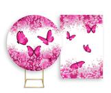 Painel De Festa Redondo 1,50x1,50 + Painel Vertical 1,50x2,20 - Borboleta Pink Floral 015