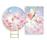 Painel De Festa Redondo 1,50x1,50 + Painel Vertical 1,50x2,20 - Borboletas Bege e Rosa Candy 002