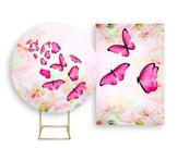 Painel De Festa Redondo 1,50x1,50 + Painel Vertical 1,50x2,20 - Borboletas Pink 007