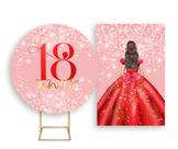 Painel De Festa Redondo 1,50x1,50 + Painel Vertical 1,50x2,20 - Princesa 18 Anos Efeito Glitter Vermelho 070