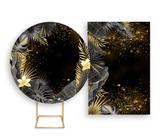 Painel De Festa Redondo 1,50x1,50 + Painel Vertical 1,50x2,20 - Tropical Chique Preto com Dourado 009