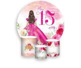 Painel De Festa Redondo 1,50x1,50 + Trio De Capas Cilindro - 15 Anos Princesa Pink 144 Painel De Festa Redondo 1,50x1,50 + Trio De Capas Cilindro - 15 Anos Princesa Pink 144