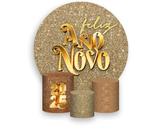 Painel De Festa Redondo 1,50x1,50 + Trio De Capas Cilindro - Ano Novo Tons Bronze e Dourado 015