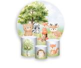 Painel De Festa Redondo 1,50x1,50 + Trio De Capas Cilindro - Bosque Bege Animais Cute 007 Painel De Festa Redondo 1,50x1,50 + Trio De Capas Cilindro - Bosque Bege Animais Cute 007