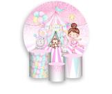 Painel De Festa Redondo 1,50x1,50 + Trio De Capas Cilindro - Circo Rosa Estrela e Balões 014